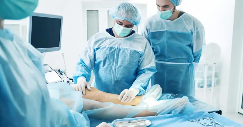 Cirurgiões vasculares preparando paciente para cirurgia