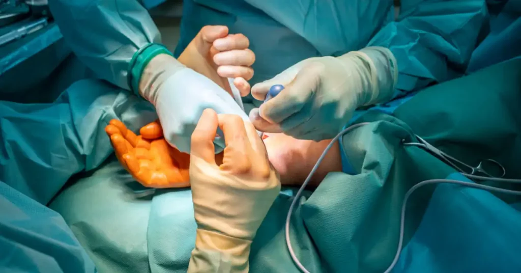 Cirurgiões de mão durante procedimento cirúrgico