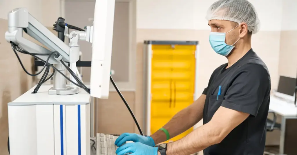 Especialista em coloprocotologia realizando análise de exame na tela de equipamento